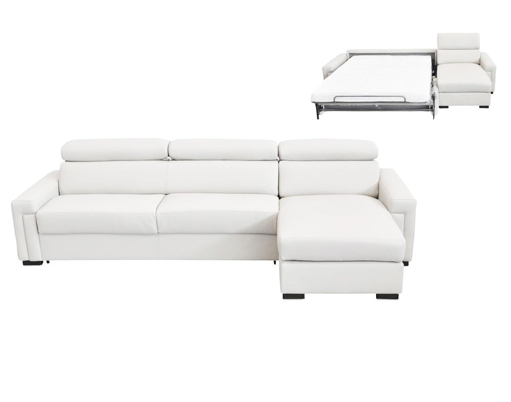 Sacha - Modern White Leather Reversible Sectional Sofa Bed with Storage