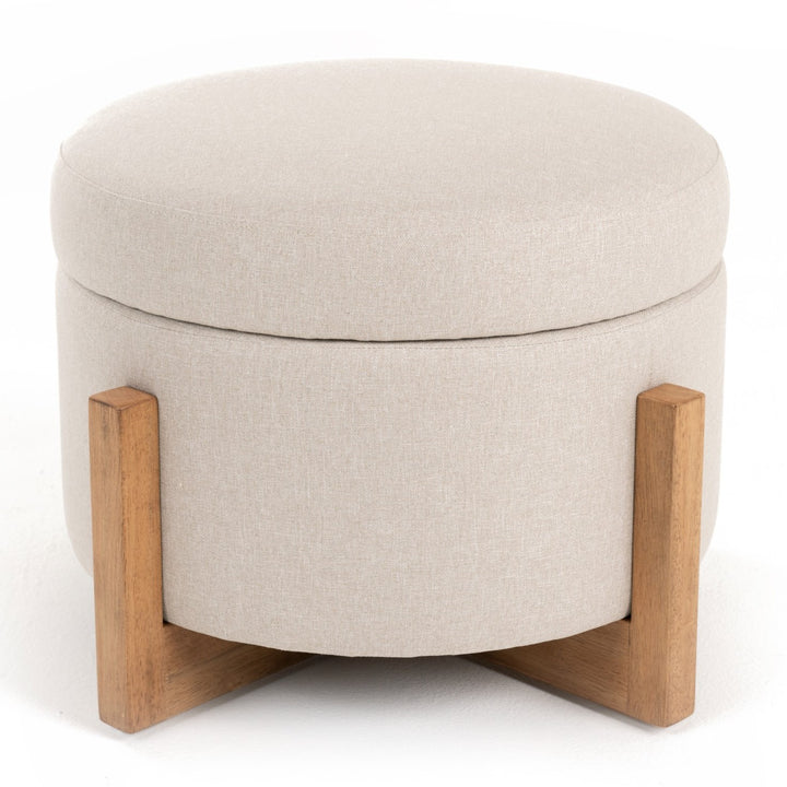 Sada - Mid-Century Modern Beige Linen + Chestnut Round Ottoman