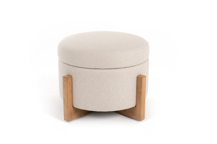 Sada  Mid-Century Modern Beige Linen + Chestnut Round Ottoman