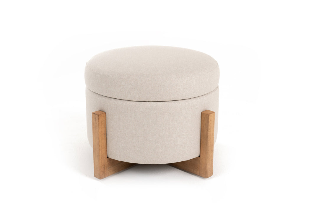 Sada - Mid-Century Modern Beige Linen  Chestnut Round Ottoman