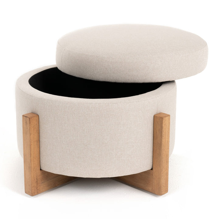 Sada - Mid-Century Modern Beige Linen + Chestnut Round Ottoman