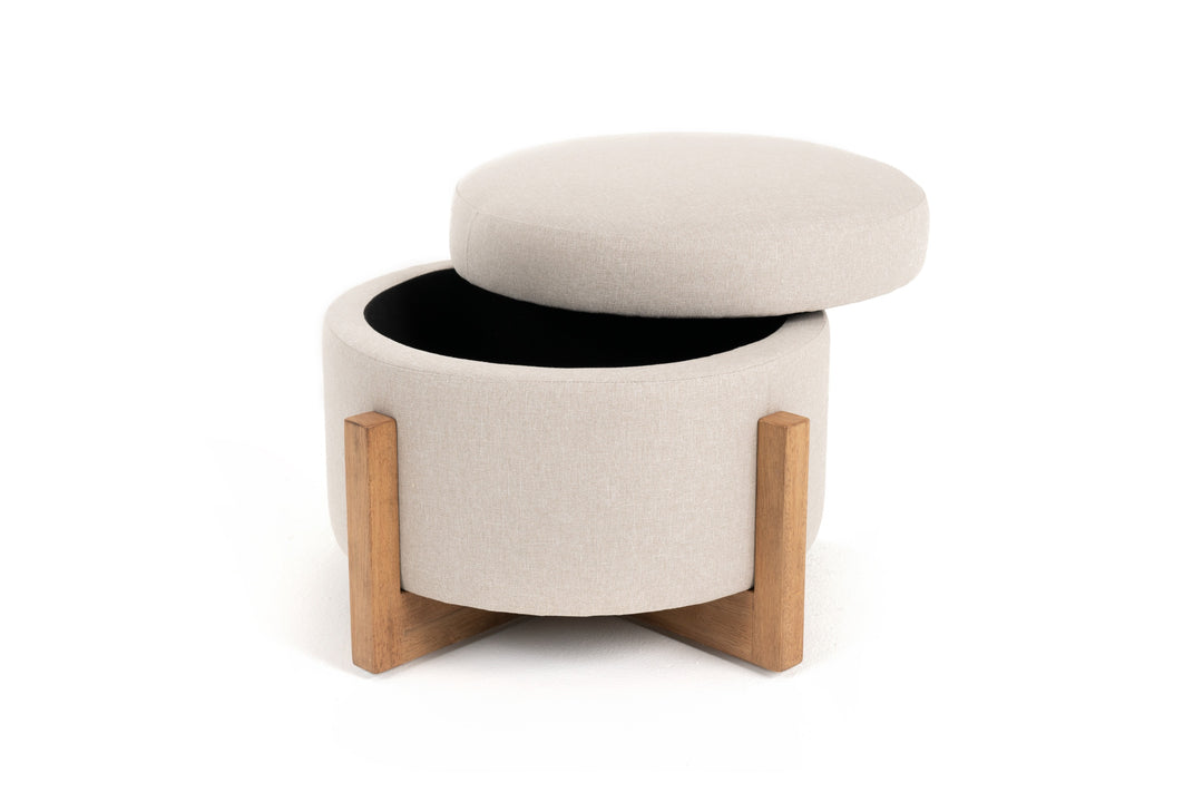 Sada - Mid-Century Modern Beige Linen  Chestnut Round Ottoman