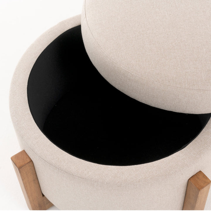Sada - Mid-Century Modern Beige Linen + Chestnut Round Ottoman