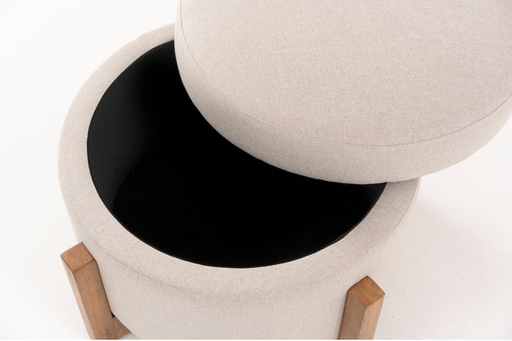 Sada - Mid-Century Modern Beige Linen  Chestnut Round Ottoman