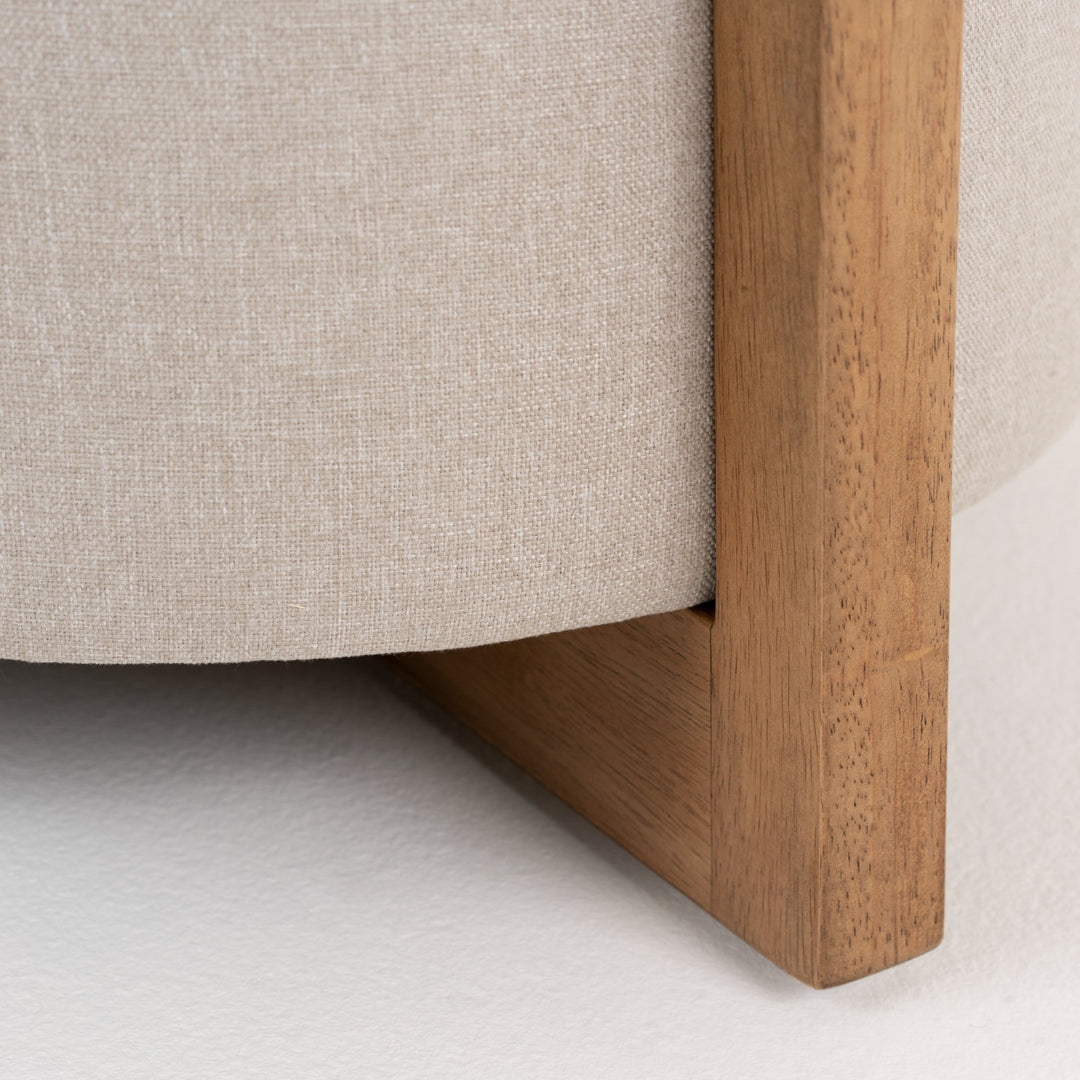 Sada - Mid-Century Modern Beige Linen + Chestnut Round Ottoman