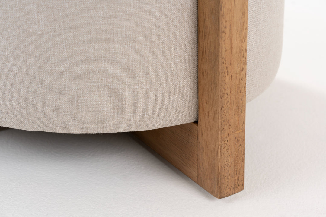 Sada  Mid-Century Modern Beige Linen + Chestnut Round Ottoman