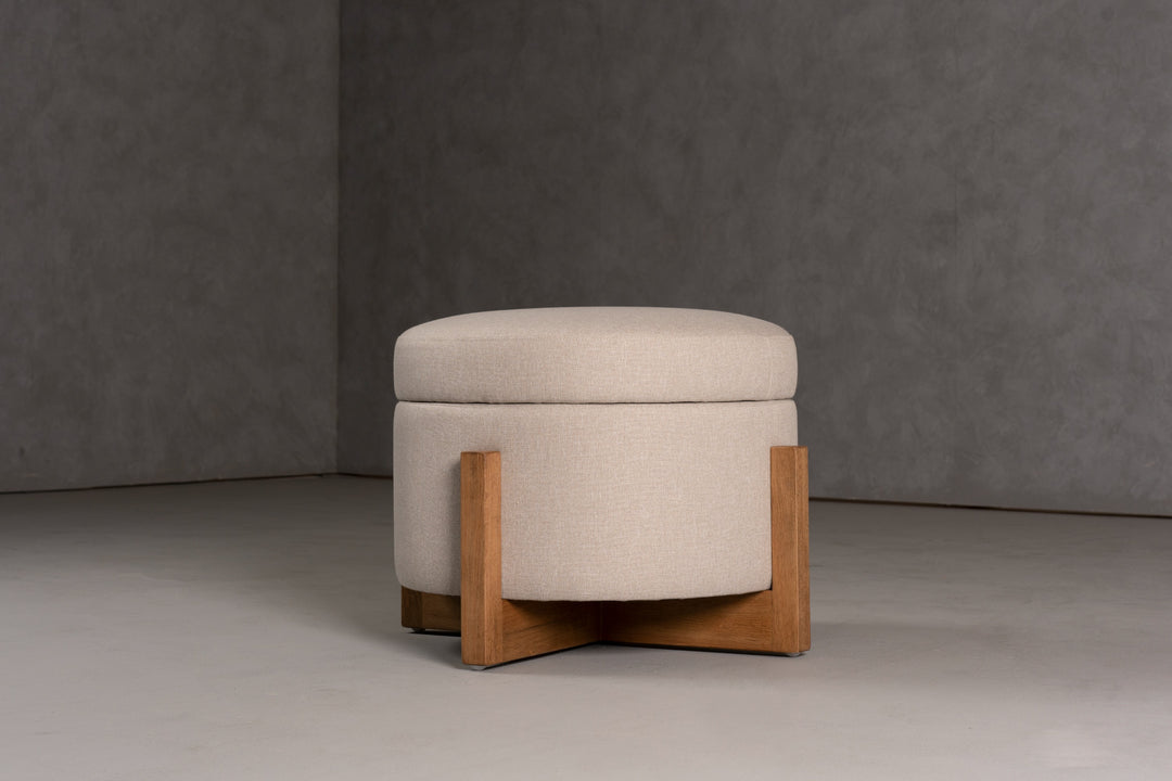 Sada - Mid-Century Modern Beige Linen  Chestnut Round Ottoman