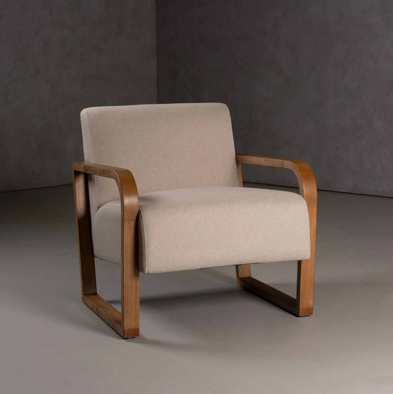 Sada - Mid-Century Modern Beige Linen  Chestnut Accent Chair