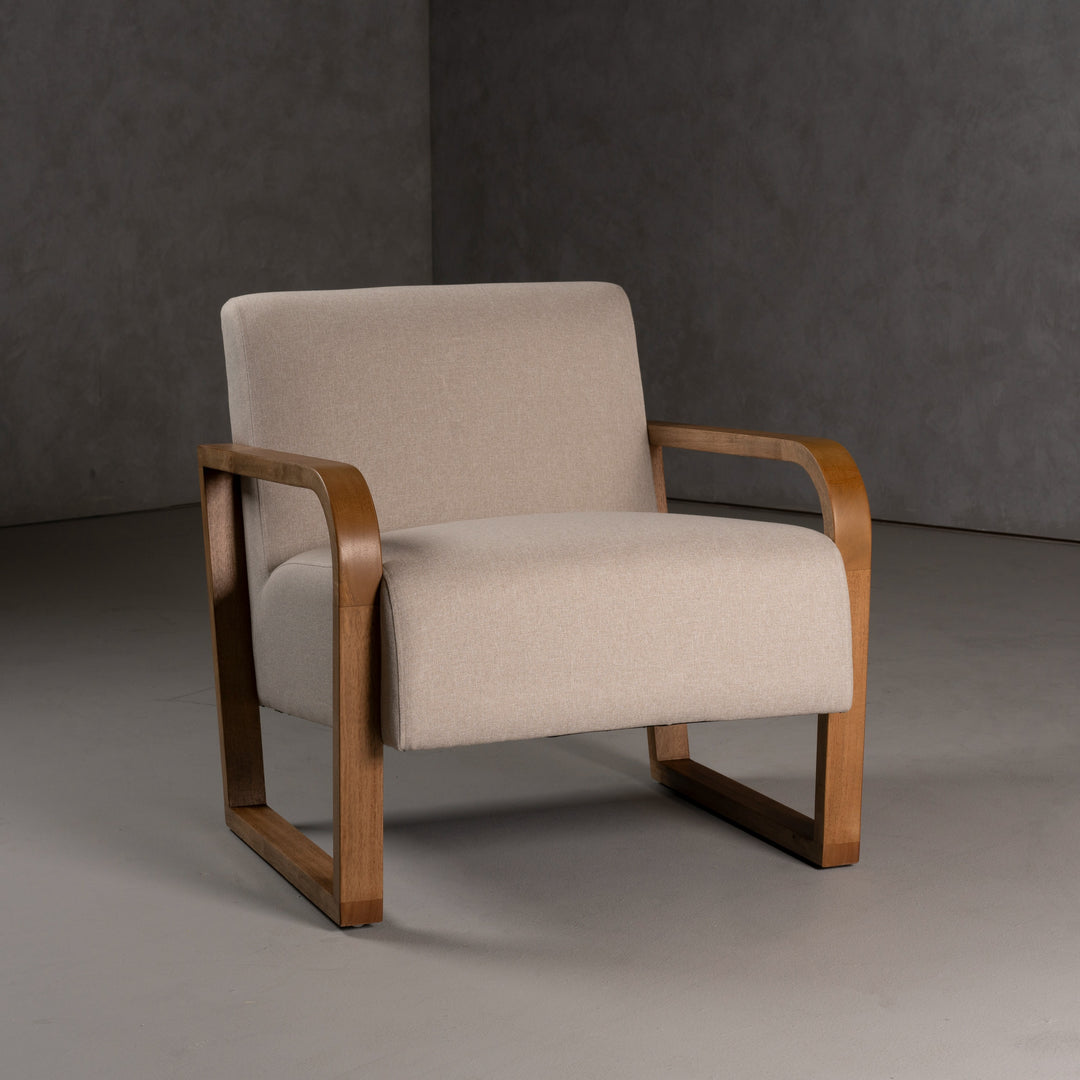 Sada - Mid-Century Modern Beige Linen + Chestnut Accent Chair