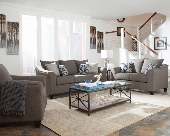 Salizar - Upholstered Flared Arm Loveseat - Charcoal Gray Stationary Loveseat modern furniture Contempo Furniture