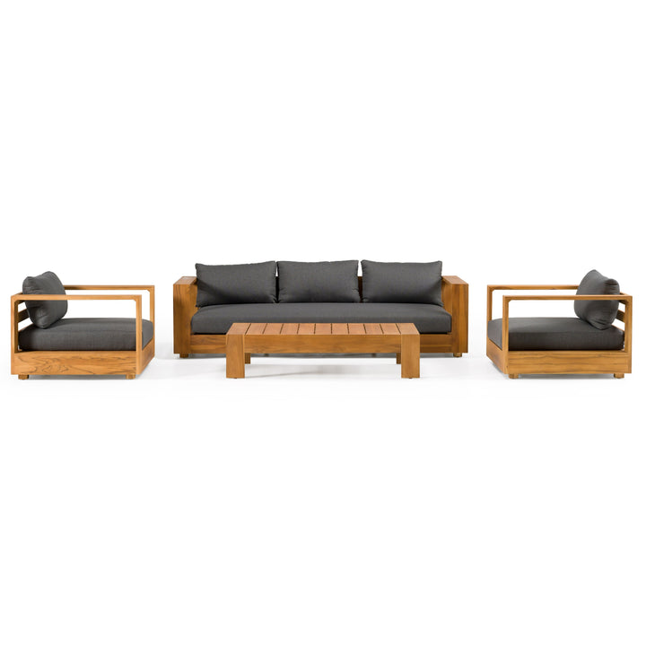 Santorini - Outdoor Grey Olefin Fabric + Natural Teak Sofa Set