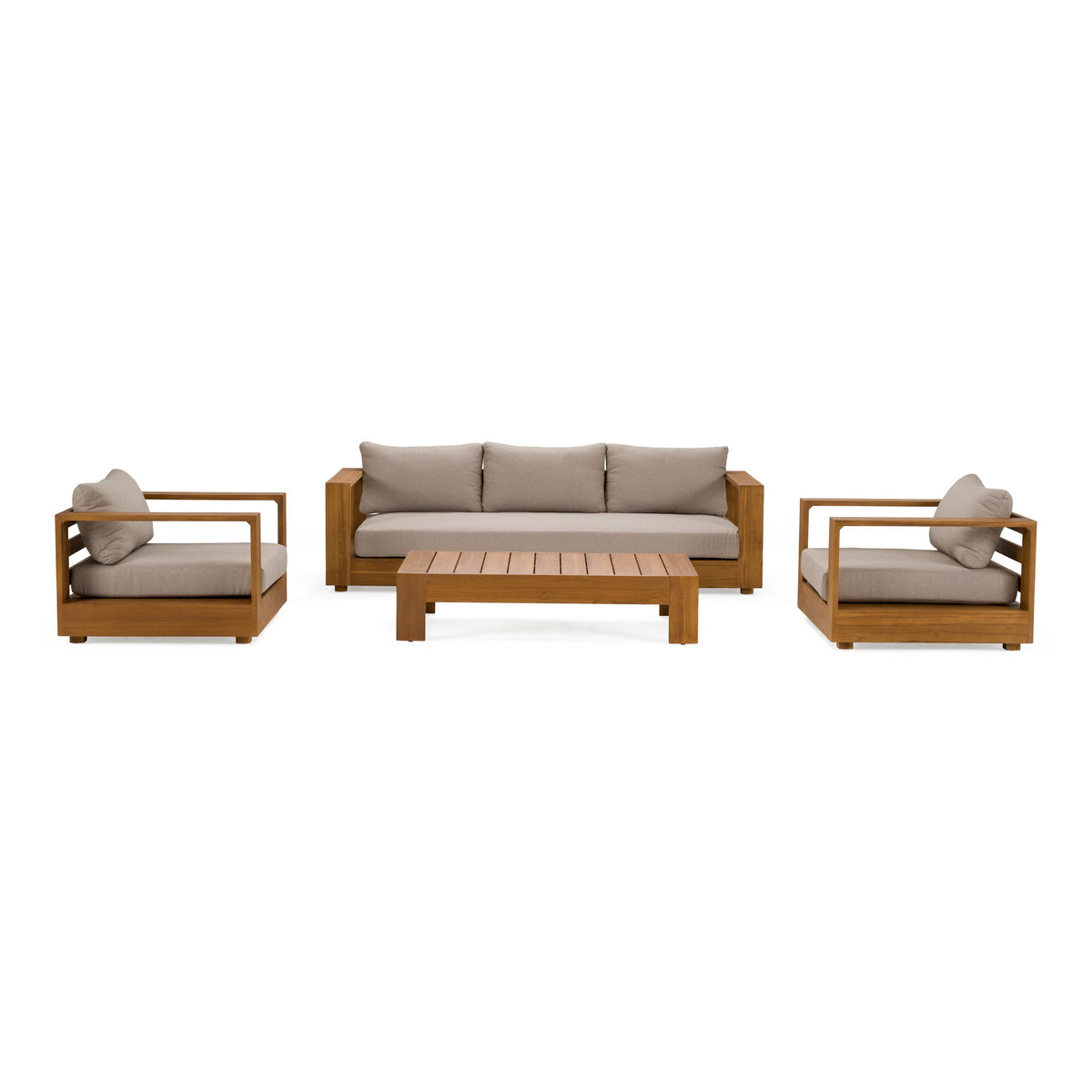 Santorini - Outdoor Brown Olefin Fabric + Natural Teak Sofa Set