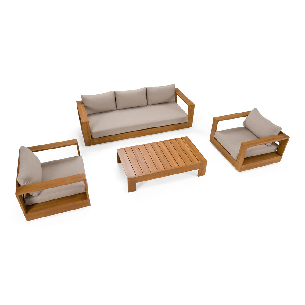 Santorini - Outdoor Brown Olefin Fabric + Natural Teak Sofa Set
