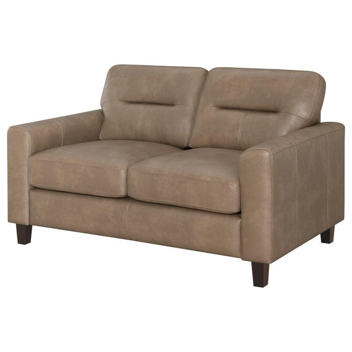 Scotland - Faux Leather Upholstered Track Arm Loveseat - Brown Stationary Loveseat modern furniture Contempo Furniture