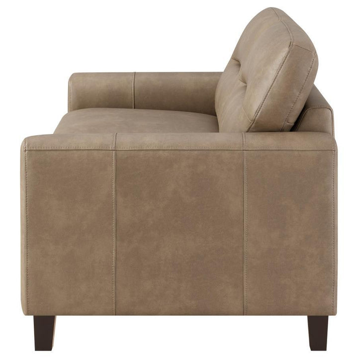 Scotland - Faux Leather Upholstered Track Arm Loveseat - Brown Stationary Loveseat modern furniture Contempo Furniture