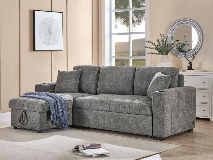 Seraphina II 96" Gray Boucle Sleeper Sectional with Storage Chaise &amp; USB Ports Sleeper Sectional modern furniture Contempo Furniture