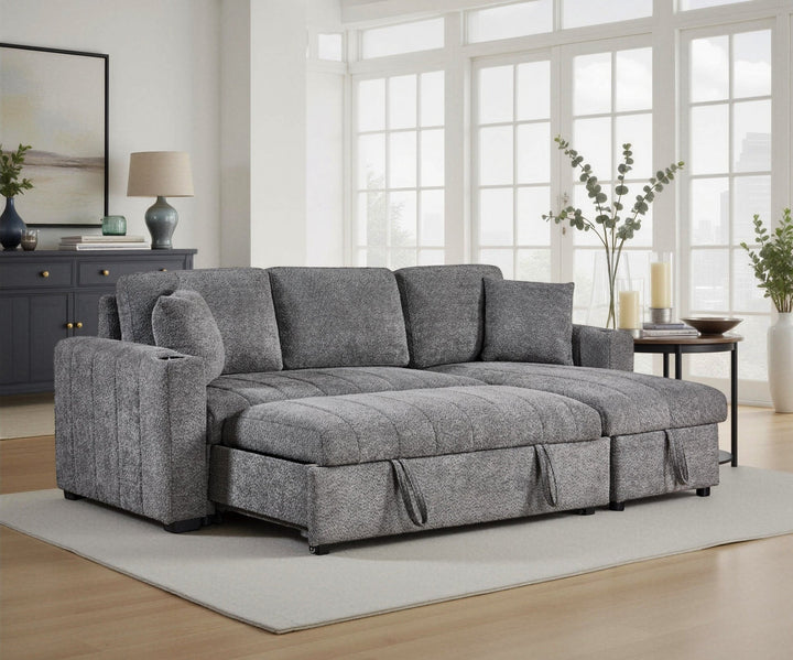 Seraphina II 96" Gray Boucle Sleeper Sectional with Storage Chaise &amp; USB Ports Sleeper Sectional modern furniture Contempo Furniture