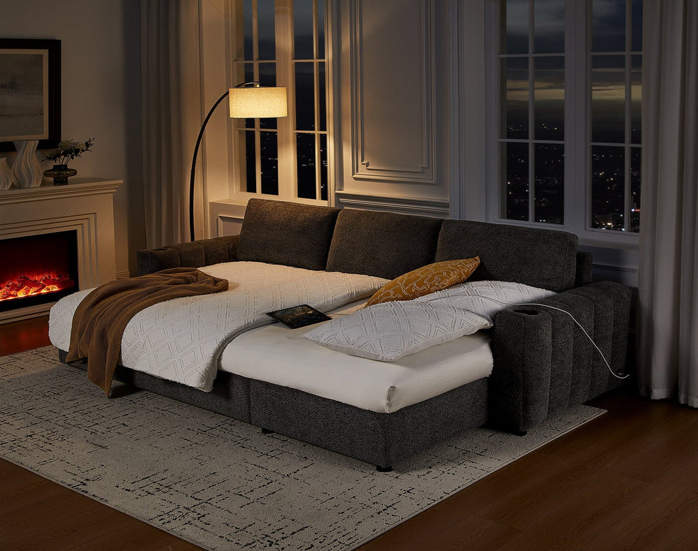 Seraphina II 96" Gray Boucle Sleeper Sectional with Storage Chaise & USB Ports