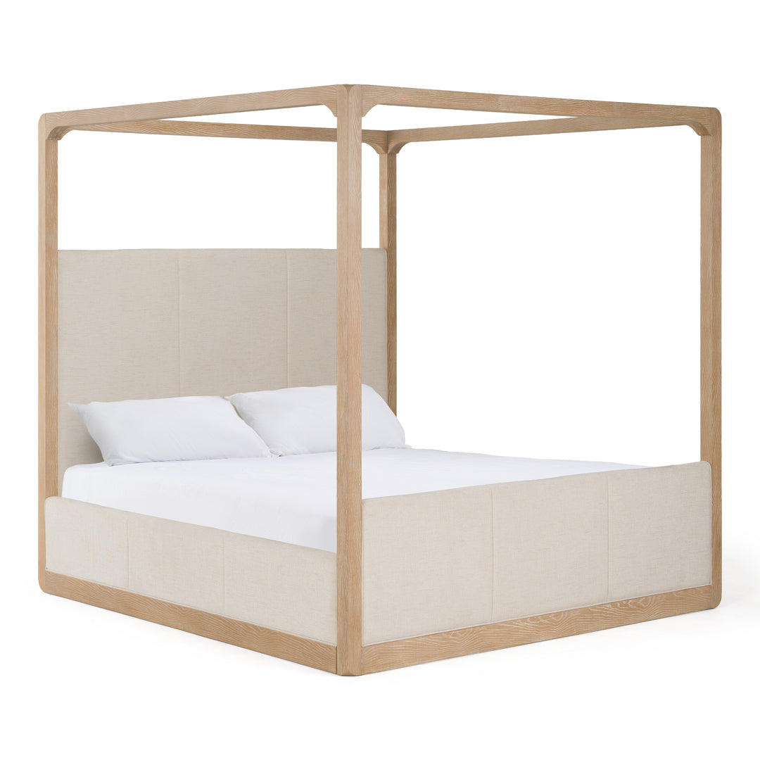 Eastern King Sergio - Modern Beige Fabric + Natural Oak Canopy Bed