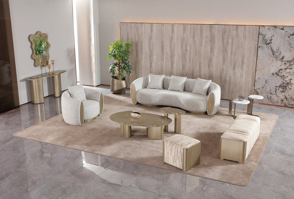 Glimpse - Modern White & Brown Fabric + Antique Brass Swivel Accent Chair