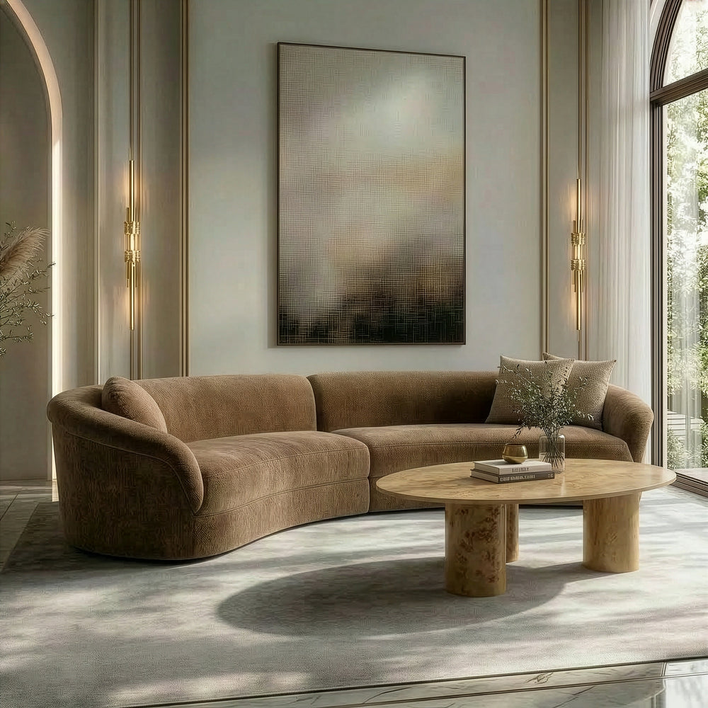 Sheth - Modern Brown Fabric Curved Sectional Sofa