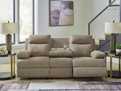 Side - Swipe Reclining Sofa with Drop Down Table - Beige Reclining Sofa modern furniture Contempo Furniture