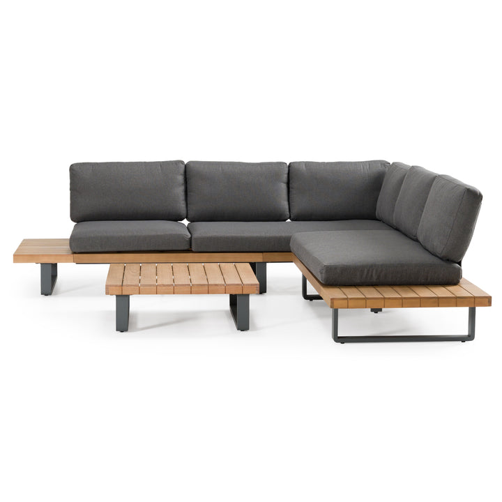 Skaros - Outdoor Grey Olefin Fabric + Eucalyptus Sectional Sofa + Coffee Table Set