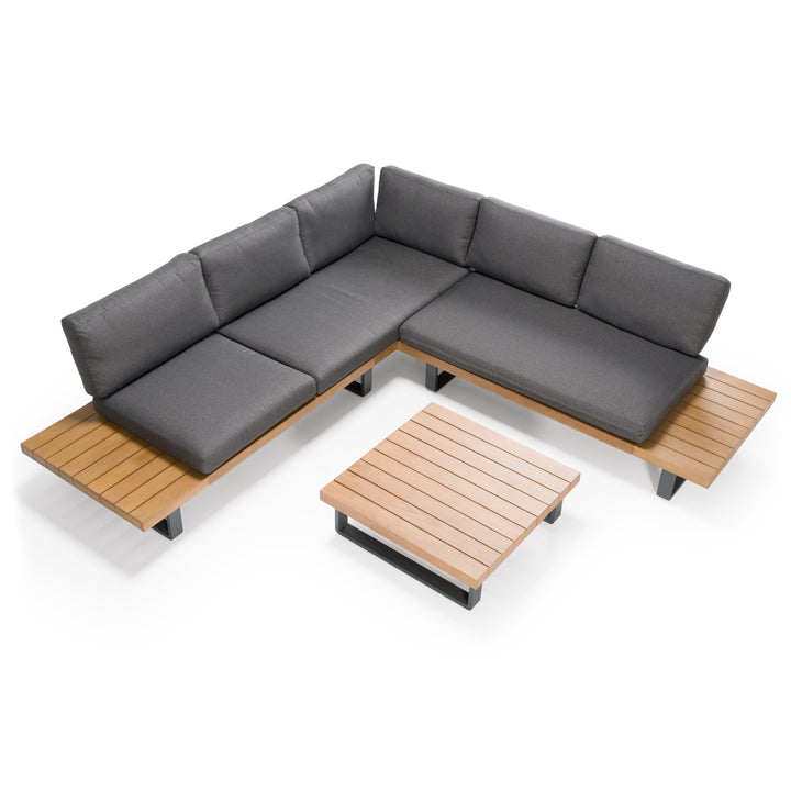 Skaros - Outdoor Grey Olefin Fabric + Eucalyptus Sectional Sofa + Coffee Table Set