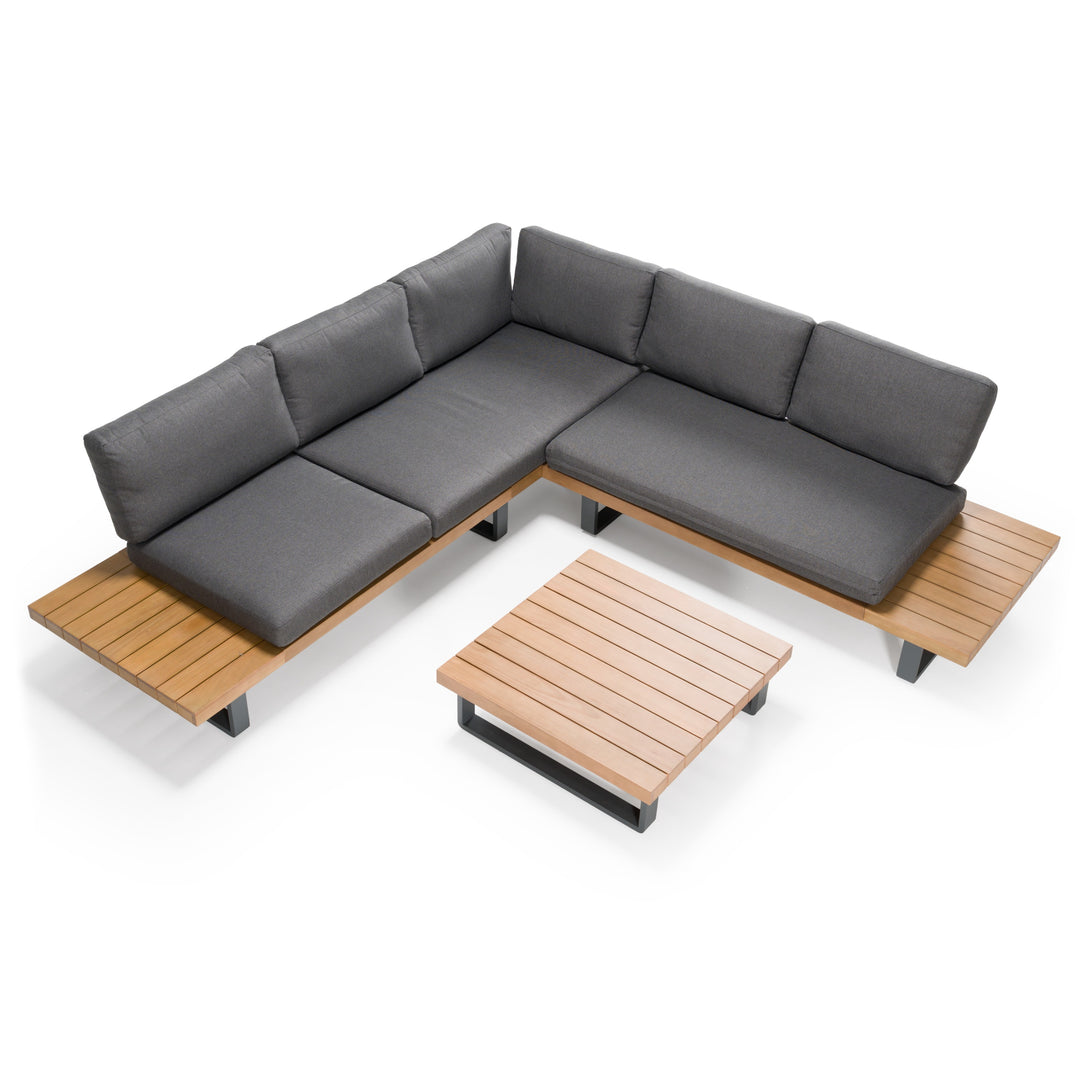 Skaros - Outdoor Grey Olefin Fabric + Eucalyptus Sectional Sofa + Coffee Table Set