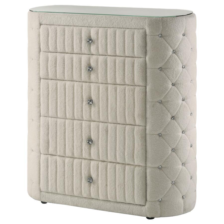 Sonya - 5 - Drawer Upholstered Bedroom Chest Of Drawers - Ivory Accent Chest modern furniture Contempo Furniture