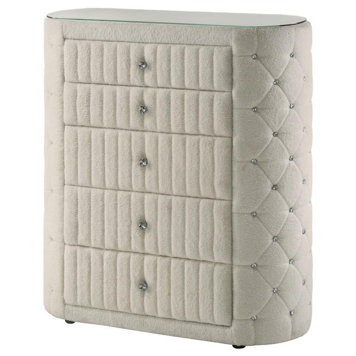 Sonya - 5 - Drawer Upholstered Bedroom Chest Of Drawers - Ivory Accent Chest modern furniture Contempo Furniture