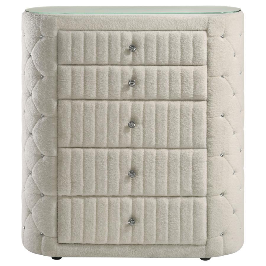 Sonya - 5 - Drawer Upholstered Bedroom Chest Of Drawers - Ivory Accent Chest modern furniture Contempo Furniture