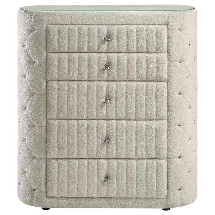 Sonya - 5 - Drawer Upholstered Bedroom Chest Of Drawers - Ivory Accent Chest modern furniture Contempo Furniture
