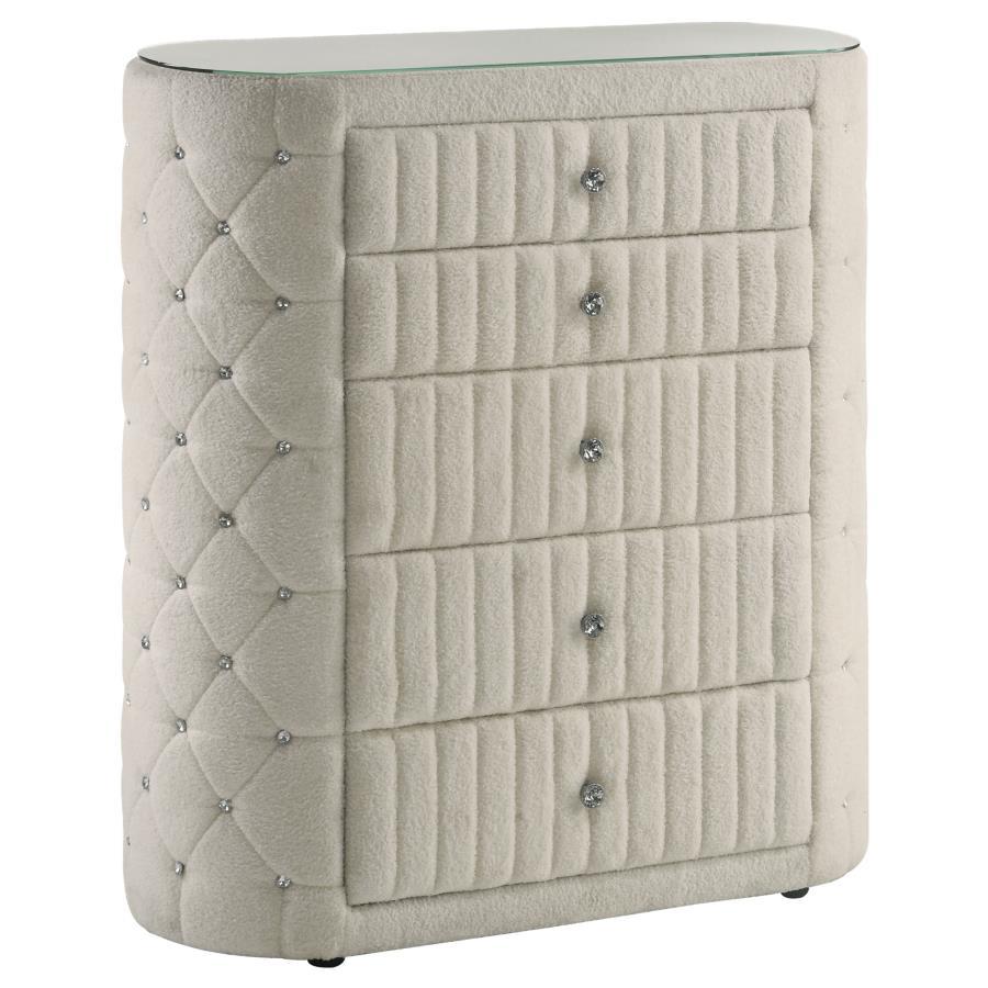 Sonya - 5 - Drawer Upholstered Bedroom Chest Of Drawers - Ivory Accent Chest modern furniture Contempo Furniture