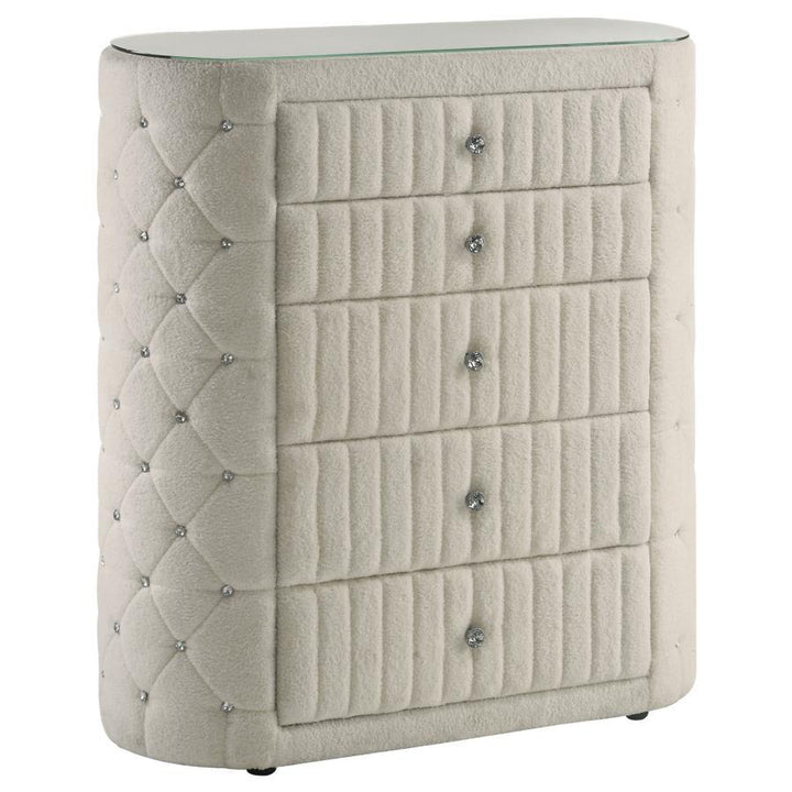 Sonya - 5 - Drawer Upholstered Bedroom Chest Of Drawers - Ivory Accent Chest modern furniture Contempo Furniture