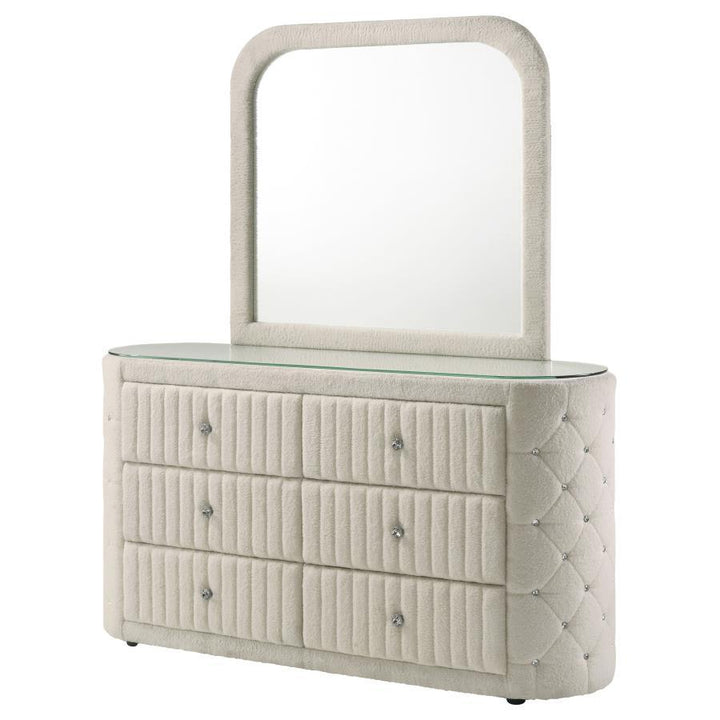 Sonya - 6 - Drawer Upholstered Bedroom Dresser With Mirror - Ivory Dresser &amp; Mirror modern furniture Contempo Furniture