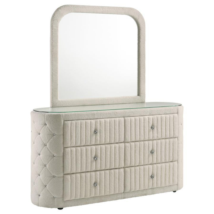 Sonya - 6 - Drawer Upholstered Bedroom Dresser With Mirror - Ivory Dresser &amp; Mirror modern furniture Contempo Furniture