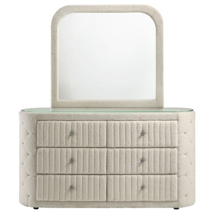 Sonya - 6 - Drawer Upholstered Bedroom Dresser With Mirror - Ivory Dresser &amp; Mirror modern furniture Contempo Furniture