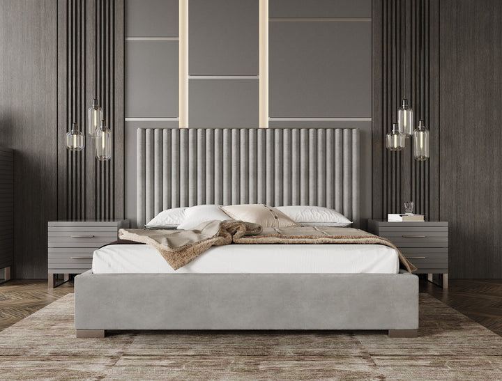 Splendor - Silver + Grey Velvet Upholstered King Platform Bed