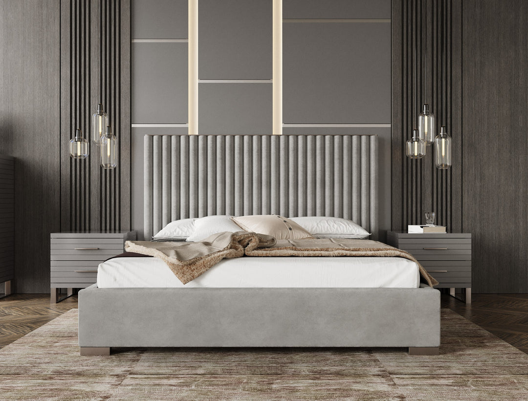 Splendor - Silver + Grey Velvet Upholstered King Platform Bed