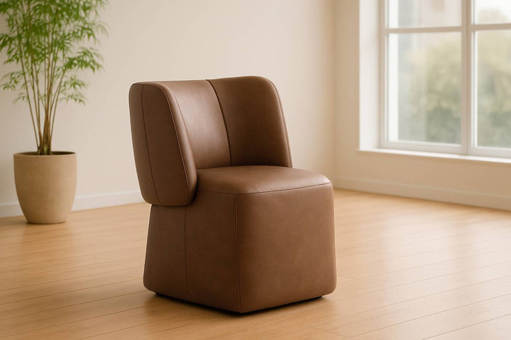 Standing - Modern Brown Vegan Leather Dining Chair with Castor Wheels