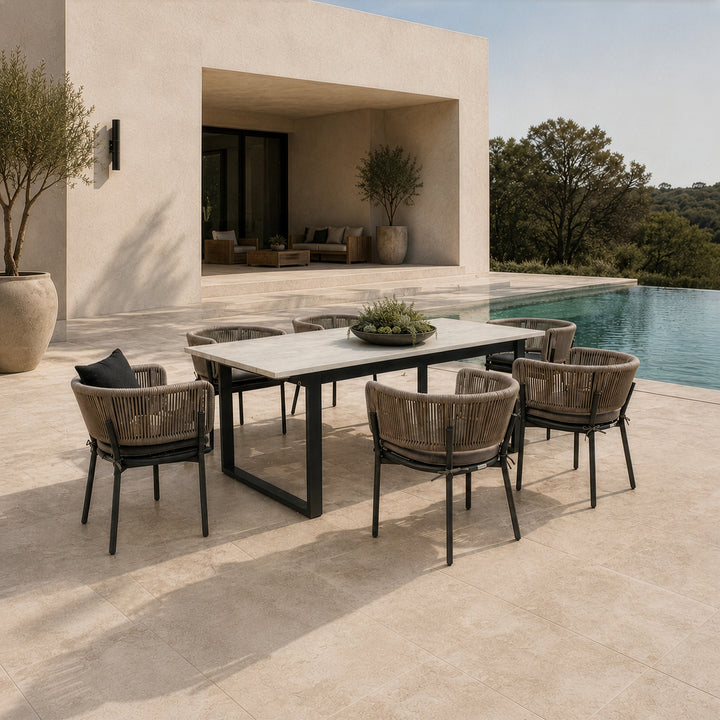Suntide - Outdoor Grey Fabric + Grey Acacia + Beige Rattan Dining Set