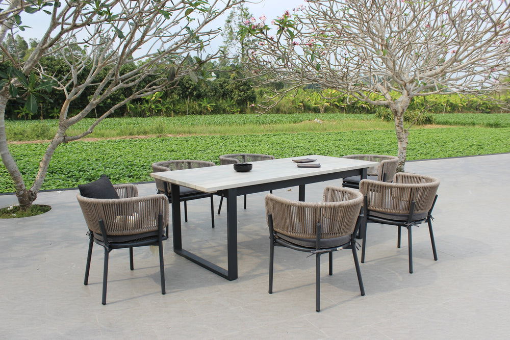 Suntide - Outdoor Grey Fabric + Grey Acacia + Beige Rattan Dining Set - View 6