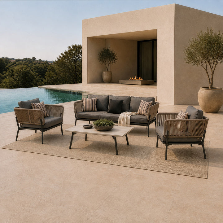 Suntide - Outdoor Grey Fabric + Beige Rattan + Grey Acacia Sofa Set