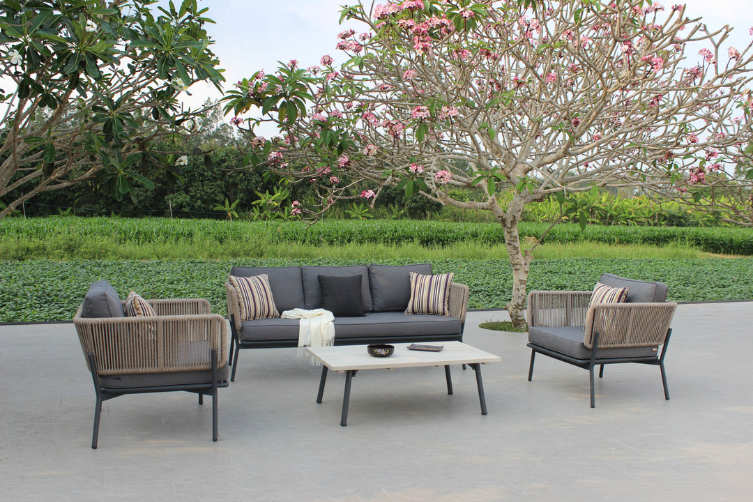 Suntide - Outdoor Grey Fabric + Beige Rattan + Grey Acacia Sofa Set