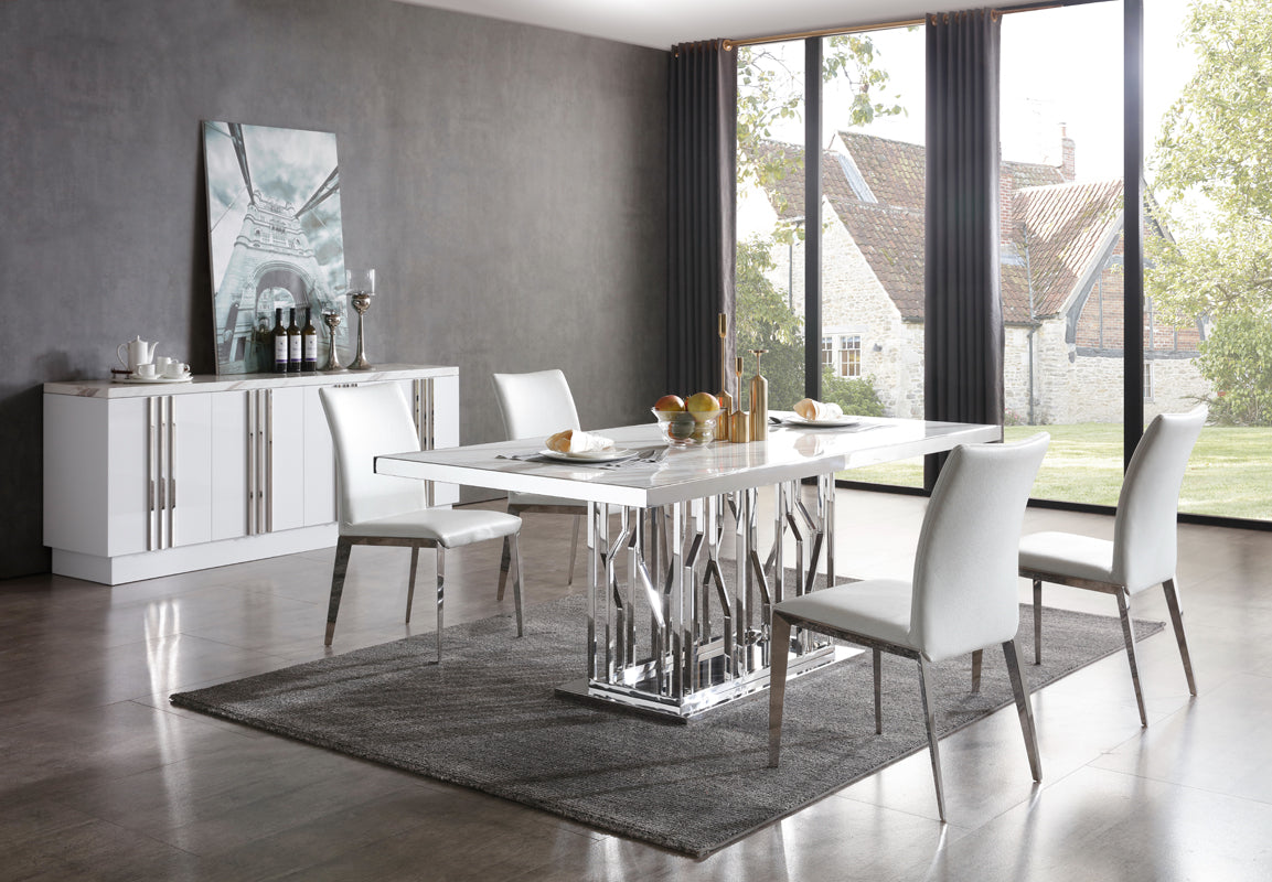 Marston Modern White Marble  and  Stainless Steel Dining Table