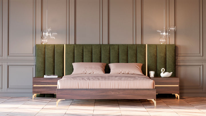Calabria Modern Walnut &amp; Green Velvet Bed &amp; Nightstands
