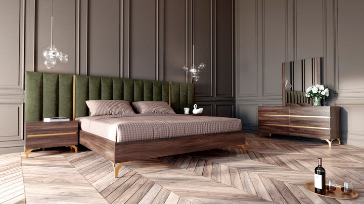 Calabria Modern Walnut &amp; Green Velvet Bed &amp; Nightstands
