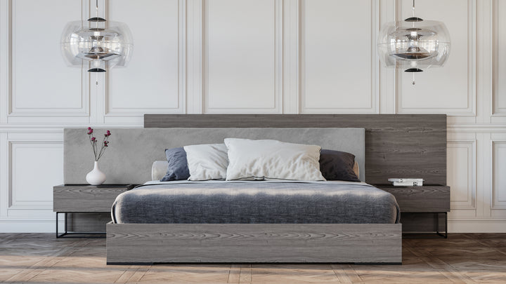 Enzo Italian Modern Grey Oak &amp; Fabric Bed w/ Nightstands
