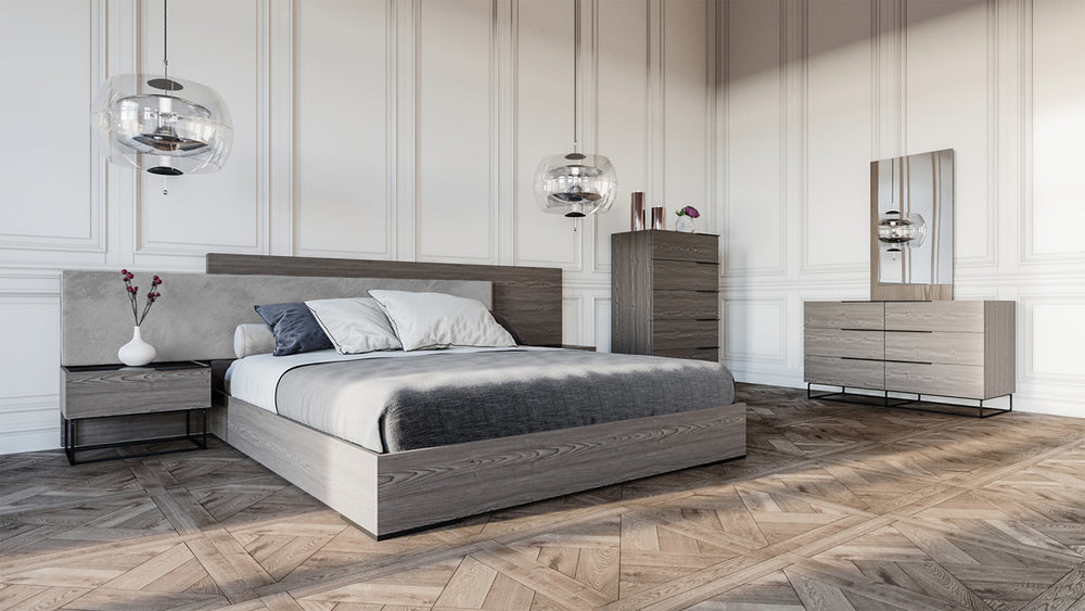 California King Enzo Italian Modern Grey Oak & Fabric 4-Piece Bedroom Set